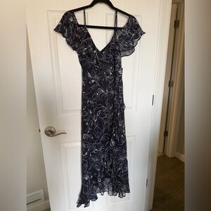 London Times Navy Floral Maxi Dress with White Outline Print